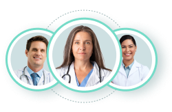 Three licensed health professionals in circular frames
